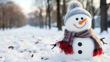 Snowman in a knitted hat and scarf in the winter forest AI Generated photo