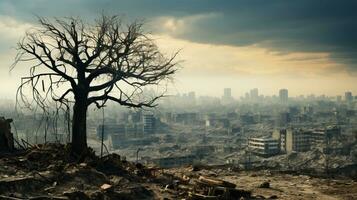 árbol delicado por guerra, ciudad destruido en el antecedentes. ai generado. foto