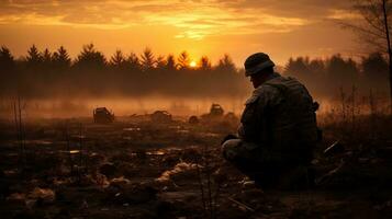 soldado sentado en el suelo en el bosque y acecho el puesta de sol ai generado foto