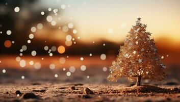 Christmas tree in the sand with bokeh background. Christmas concept. AI Generated. photo