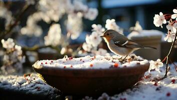 The chaffinch sits on a flower in the garden in winter. AI Generated. photo