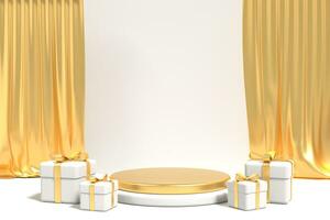 3D render of gold podium pedestal steps with curtain and gift box. Modern gold podium background with gift box. Empty luxury pedestal exhibition scene. 3D render photo