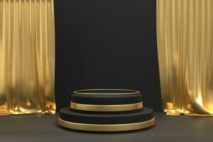 3D render of gold podium pedestal steps with curtain. Modern gold podium background. Empty luxury pedestal exhibition scene. 3D render photo