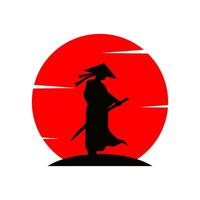 samurai silhouette logo in front of red moon vector