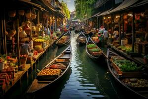 vibrante flotante comida mercado río. generar ai foto