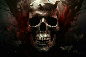 Skull creepy blood demons birds. Generate Ai photo