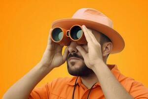 Man in hat carefully look binoculars. Generate Ai photo