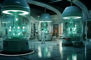 Cutting-edge Futuristic lab in light. Generate Ai photo