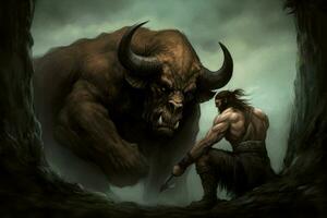 Minotaur myth with man warrior illustration. Generate Ai photo