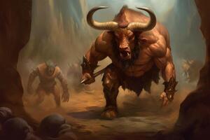 Minotaur myth illustration running battle. Generate Ai photo