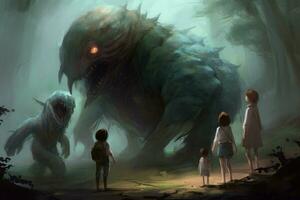 monstruos niños fantasía en oscuro bosque. generar ai foto