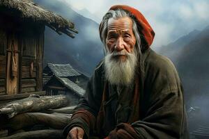 Wise Chinese village old person. Generate Ai photo