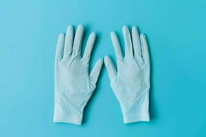 Pair of medical gloves on blue background equipment. Generate Ai photo