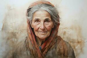 Raw Canvas unfinished paint old woman work. Generate Ai photo