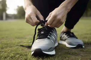Man tying shoelaces before training. Generate Ai photo