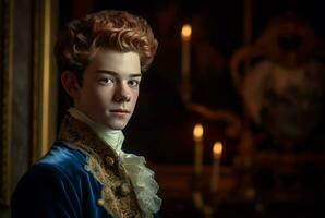 Versailles 18 years old son portrait in castle room. Generate Ai photo