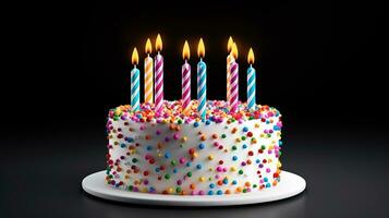 Colorful Birthday Cake with Candles Isolated on the Minimalist Background photo