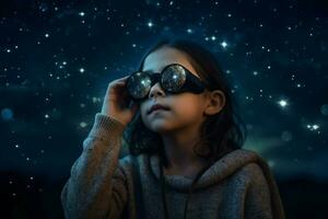 Child astronomer with glasses looking at stars. Generate ai photo