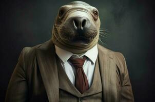 Anthropomorphic walrus corporate manager dressed. Generate ai photo