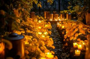 Cemetery candles at night saints day. Generate AI photo