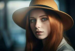 Beautiful red haired girl with hat. Generate ai photo