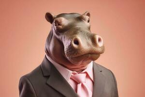 Anthropomorphic hippo wearing executive ensemble. Generate ai photo