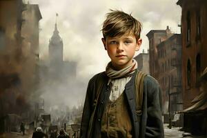 Spirited American 1920 child boy in town. Generate AI photo