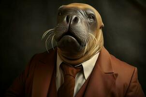 Anthropomorphic walrus wearing formal classic suit. Generate ai photo