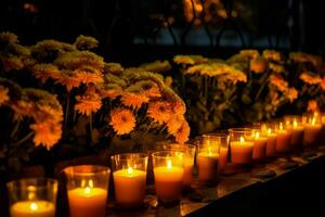 Cemetery candles at night with flowers. Generate AI photo