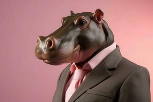 Anthropomorphic hippo dressed in business suit. Generate ai photo