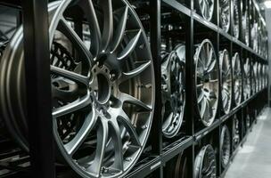 Closeup photo of wheels automobile on service center racks. Generate ai