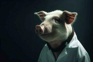 Anthropomorphic piggy wearing doctor white uniform. Generate ai photo