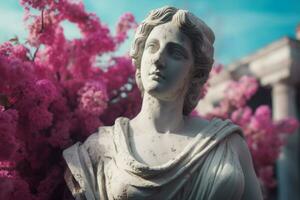 Ancient female statue with spring pink flowers. Generate ai photo