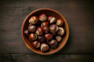 Horse chestnuts wooden table top view. Generate Ai photo