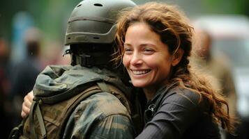 a woman hugging a soldier. AI Generated. photo