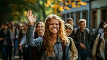 retrato de sonriente joven mujer ondulación su mano en frente de su amigos ai generado foto