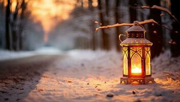 Lantern on the road in winter forest AI Generated photo