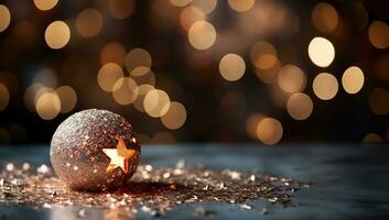 Christmas and New Year background. Glittering Christmas ball on bokeh background. AI Generated. photo