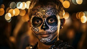 Portrait of a boy with sugar skull makeup. Dia de los muertos. Day of The Dead. Halloween. AI Generated. photo