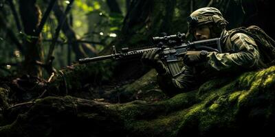 Ejército especial efectivo soldado con asalto rifle en selva ai generado foto