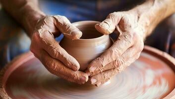 hands of a potter, creating an earthen jar. AI Generated. photo