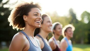 group of smiling women exercising outdoors. AI Generated. photo