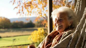 Happy senior woman sitting on a swing at home. AI Generated. photo