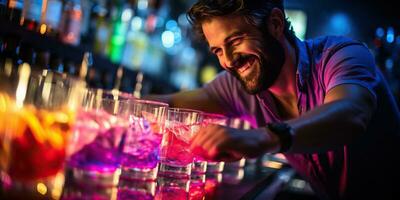 barman haciendo un cóctel a el bar mostrador en un Club nocturno ai generado foto