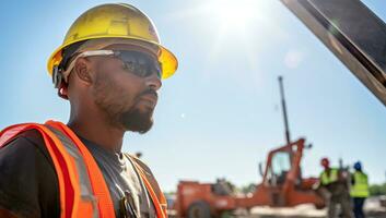 retrato de africano americano trabajador en casco de seguridad en pie a construcción sitio. ai generado. foto