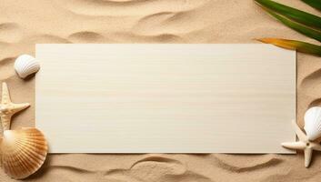 Wooden board on the sand with seashells and palm leaves. AI Generated. photo