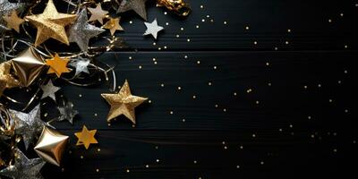 Christmas and New Year background with golden and silver stars on black wooden background. AI Generated. photo