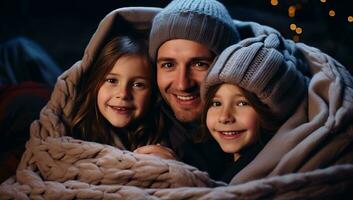 Portrait of a happy family in knitted hats and scarves under a blanket. AI Generated. photo