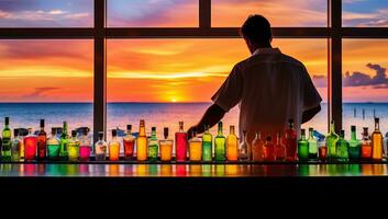 barman en pie detrás bar mostrador con vistoso botellas de alcohólico bebidas ai generado foto