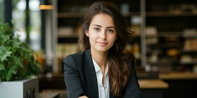 retrato de joven mujer de negocios en oficina. ai generado. foto